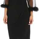 Elegant Feather Trim Wrap Mini Dress W/Illusion Long Sleeves, Ruched Waist & Rhinestone Brooch (Black) 10P