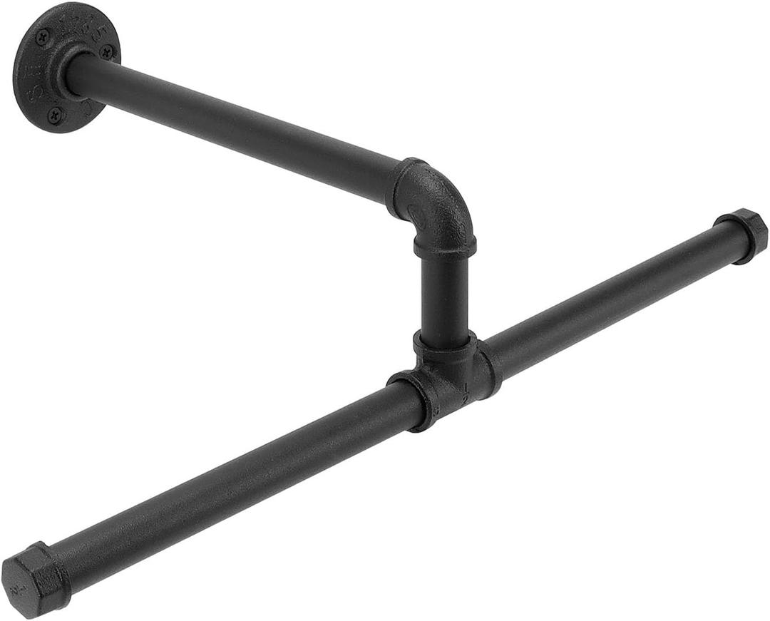 Industrial Pipe Clothes Rack Floating DIY Wall Mounted, Heavy Duty Rustic Vintage Clothing Rod, Metal Garment Bar Space-Saving Hanging for Bedroom, Bathroom and Laundry Room (Black 18 inch)
