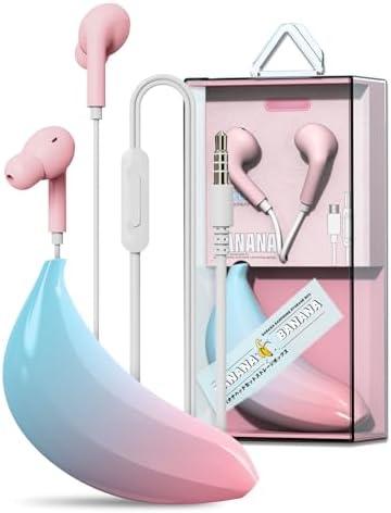 QearFun Earbuds in-Ear Headphones with Microphones,Noise Isolating Gradient Color Wired Earphones with Creative Banana Earphones Storage Case,Gifts for School Girls Boys. (Pink)