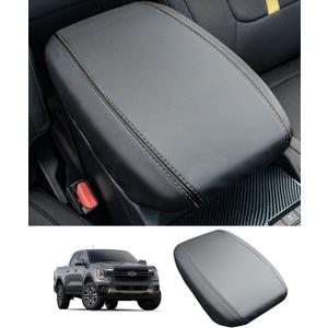 Center Console Cover for 2024 2025 2026 Ford Ranger Accessories Leather Armrest Cover Ranger XL/XLT/Lariat/Raptor Anti-Scratch Arm Rest Seat Cover Middle Console Lid Pad Protector(Black) 