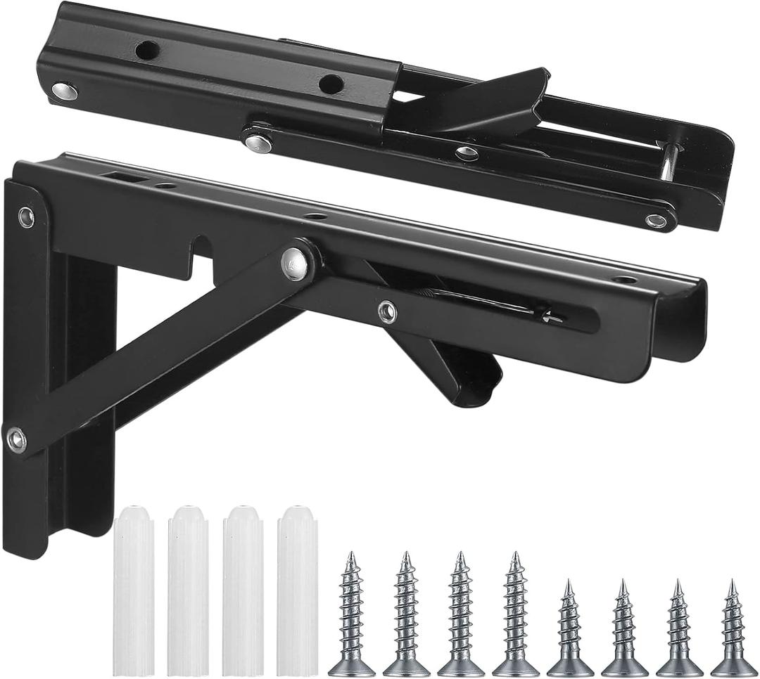 2 Pcs Folding Shelf Brackets, 10 Inch Heavy Duty Floating Triangle Shelf Brackets, Collapsible Shelves Brackets, Wall Mounted L Table Hinges Brackets for Bench Table with Screws (10 Inch)