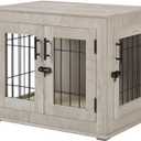 beeNbkks Furniture Style Dog Crate End Table, Double Doors Wooden Wire Dog Kennel with Pet Bed, Decorative Pet Crate Dog House Indoor, Small, Weathered Gray