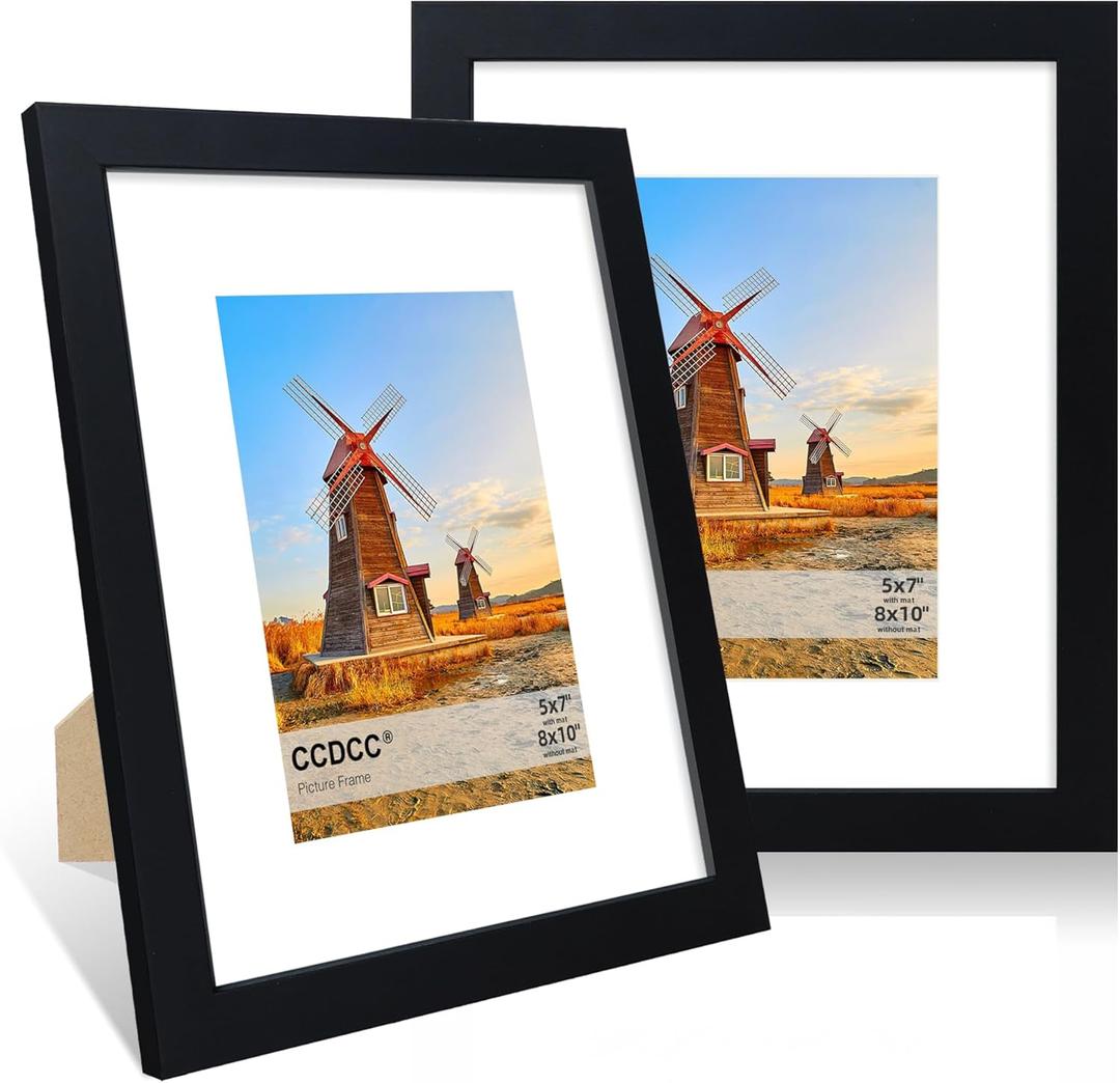 8x10 Picture Frame Set of 2, 8 x 10 Wood Photo Frames with Mat for 5x7, Wooden Frame with Real Glass Cover for Wall and Tabletop Display, Black