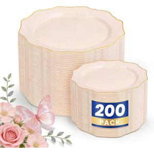 WDF 200PCS Pink Plastic Plates - Pink and Gold Plastic Plates - Include 100 Dinner Plate and 100 Cake Plate for Spring/Wedding/Bridal Shower/Tea party/Mother's Day