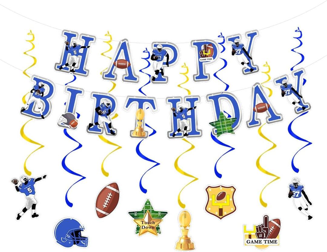 Football Birthday Party Decorations Football Birthday Banner with Super Bowl & Themed Party Supplies for Gameday Tailgate Decorations (Pre-Strung) (Lions Blue/Silver)