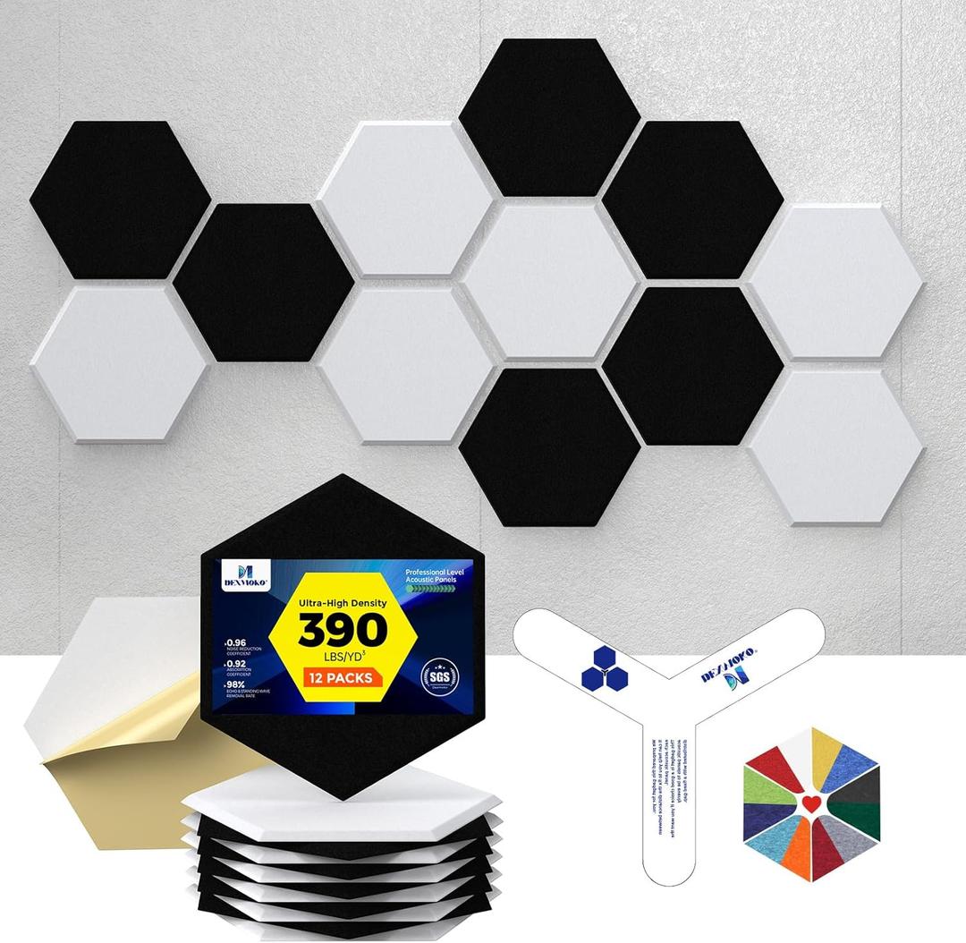 Self-Adhesive Acoustic Panels [390 lbs/yd Ultra-High Density], 2nd Generation Sound Absorbing Panel, Professional Level Sound Panel, Polyester Soundproof Foam [Size M, White & Black] (Medium Hexagon (12''X10''X0.4''))