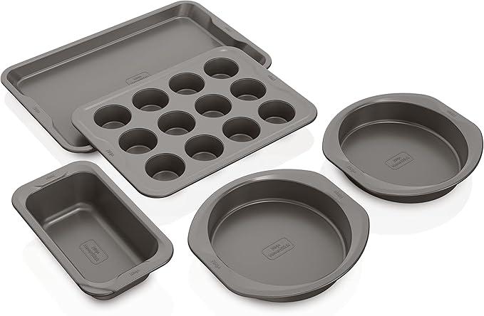 Ninja B35005 Foodi NeverStick Premium 5-Piece Bakeware Sheet Set, Oven Safe up to 500⁰F, with 11x17 Inch Baking Sheet, 5x9 Inch Loaf Pan, 12 Cup Muffin Pan, & (2) 9 Inch Round Cake Pans, Grey