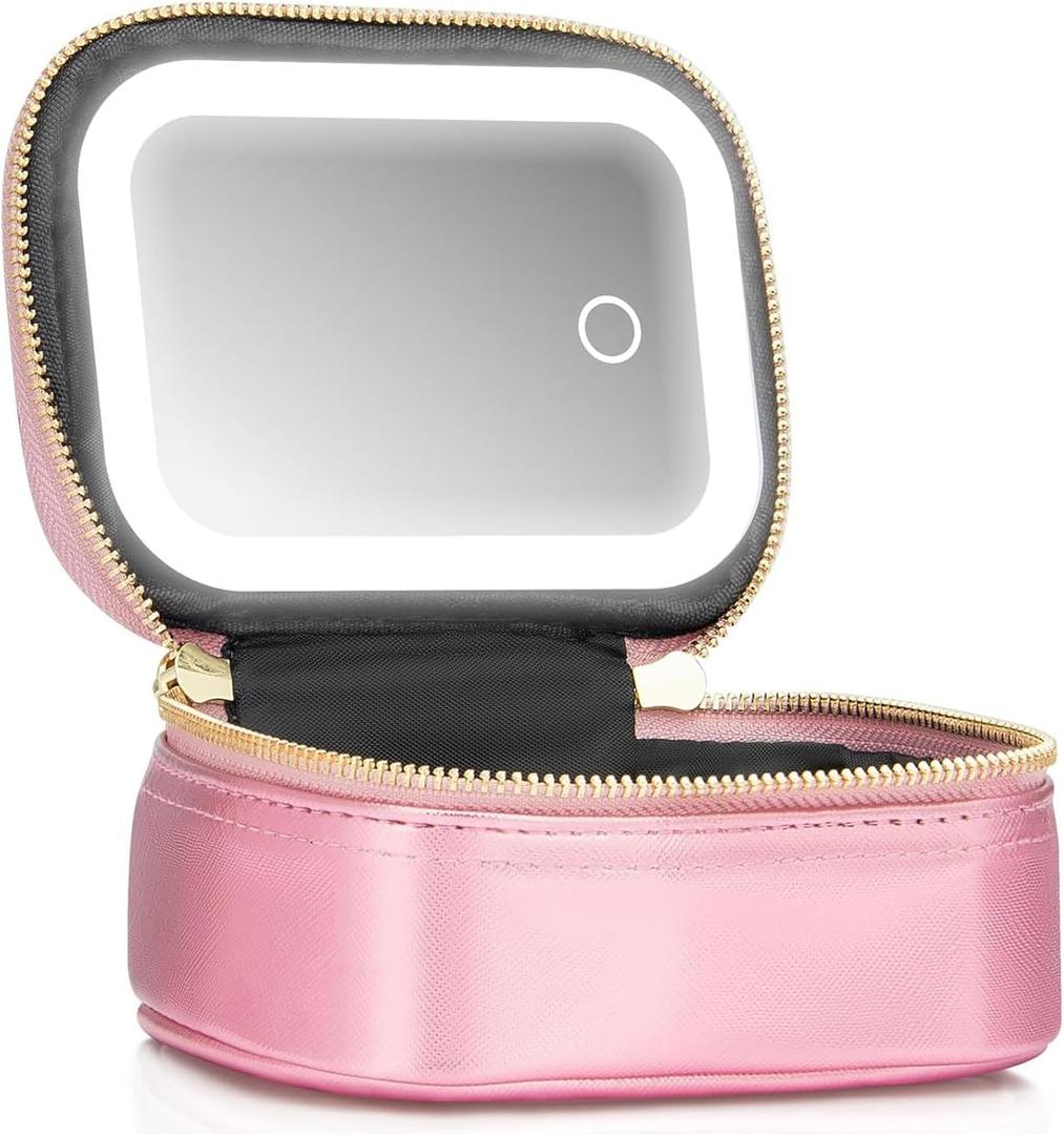 Mini Makeup Bag with Led Mirror,Small Travel Make up Bag 3 Light Modes Adjustable Brightness, for Women Organizer Cosmetic Bag, Portable Travel Train Toiletry Bag, for Pool Parties Work Touch-Ups (Roses)