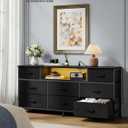 SONGMICS BELLAH Collection - Dresser for Bedroom with Outlets and LED Lights, TV Stand for TVs Up to 65 Inches, Chest of Drawers, 8 Drawers, Steel, Modern, Ink Black ULGS434BH02S, 13.8"D x 57.8"W x 26.8"H