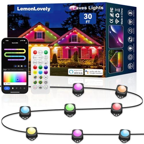 lemonlovely Permanent Outdoor Lights for House, 30ft with 20 Smart IC+RGBCW LED Eaves Lights with App/Remote Control, IP67 Waterproof Christmas Light Compatible with Alexa, Google Assistant, Black