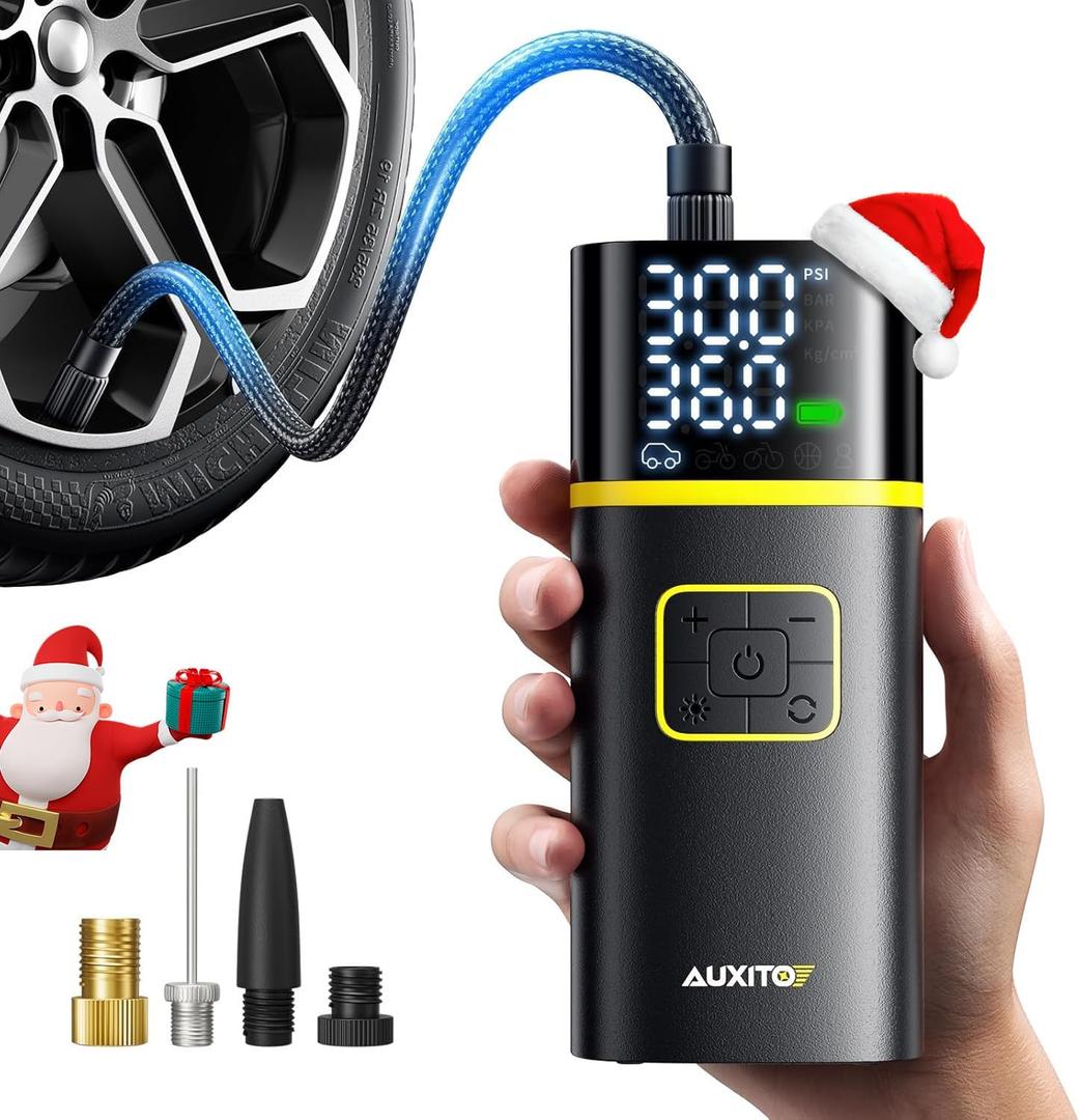 AUXITO Tire Inflator Portable Air Compressor - 150PSI Bike Pump 1Min Fast Inflate with Tire Pressure Gauge, LED Light & Car Accessories, Air Pump for Auto, Moto, Bike, Ball, Car Gifts for Men (5200mAh)
