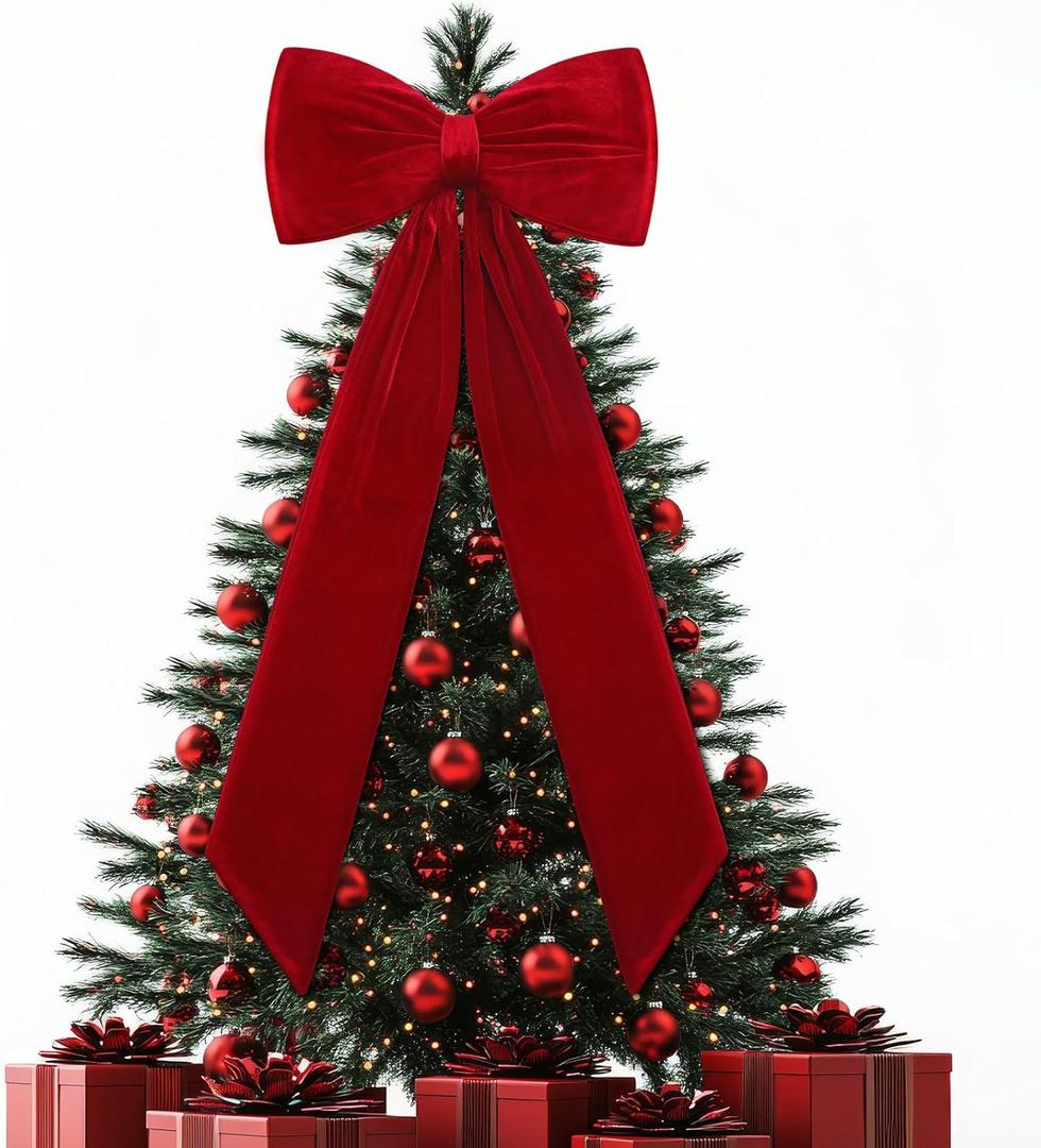 Gejoy 47" x 16" Burgundy Christmas Extra Large Velvet Bows Christmas Tree Topper Wine Red Xmas Tree Bows Giant Decorations for Home Wreath Wall Birthday Backdrop Wedding Holiday Party Decor