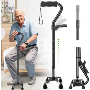 Walking Canes for Women & Men, Adjustable Folding Quad Cane, Heavy Duty Walking Sticks Canes for Seniors Balance,Collapsible, Lightweight Self Standing Cane with 2nd Handle and 4-Pronged Base