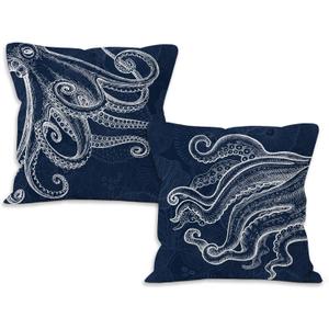 Octopus Coastal Throw Pillow Covers 18x18 Set of 2,Nautical Beach Ocean Decor,Coastal Nautical Octopus Outdoor Pillow Covers for Home Bedroom Couch