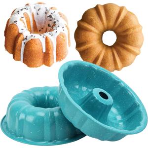 OAMCEG 2 Pack Bunte Cake Pan Nonstick 9.5 Inch Fluted Tube Cake Pans for baking, 10 Cups Heavy Duty Carbon Steel Tube Pan Baking Mold for Buntelet, Bavarois, Brownie, Jello (Sky Blue)