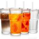 20oz Ribbed Glass Tumblers with Lids and Glass Straws - 4-Piece Set, Thickened for Iced Coffee, Smoothies, Cocktails and Juices - Elegant Durable for Home, Office, Travel (Clear)