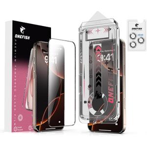 OneFish Screen Protector for Iphone 14 Pro with Camera Lens Protector, Diamond Bling Full Edge Coverage, HD Clarity Tempered Glass Film with Installation Frame, 9H Glass Scratch Resistant