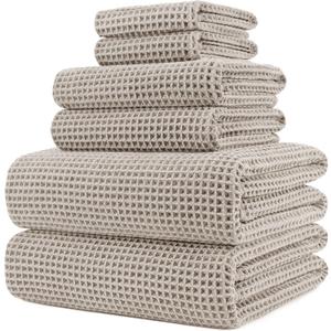 POLYTE Oversize, 60 x 30 in., Quick Dry Lint Free Microfiber Bath Towel Set, 6 Piece (Beige, Waffle Weave)