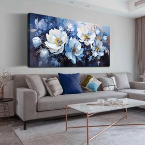 Large Canvas Wall Art Blue White Flower Picture Modern Framed Canvas Prints Ready to Hang for Living Room Bedroom Home Office Size 60L" x 30W"