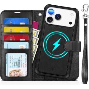 TUCCH 2-in-1 Detachable Wallet Case for iPhone 17 Pro Max (6.9") 2025, Wireless Charging | RFID Blocking 4 Card Holder | Wrist Strap | Kickstand | Magnetic | PU Leather | Protective Flip Cover | Black