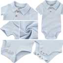 Baby Boy Girl Short Sleeve Bodysuits New Born 100% Cotton Clothes 5-Pack 0-12M (6-9 Months, Khaki+light Blue Lapel+card Stripe)