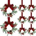 8 Pcs Christmas Mini Wreaths for Cabinet 8 Inch Flocked Mistletoe Wreath with Bow Artificial Berries Pinecones for Christmas Holiday Kitchen Cabinet Window Chair Decor(Red)