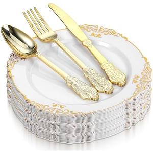 Hpmjz 100 PCS Gold Plastic Plates for 25 Guests, Disposable Dinnerware Sets Plate & Cutlery Kit Elegant Utensils Includes 25 Forks, Spoons, Knives, Plates for Wedding Party Catering Thanksgiving