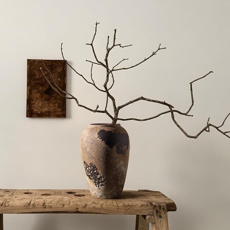 Wabi Sabi Pottery Vase, Brown Ceramic Vase for Home Decor - Handmade Rustic Farmhouse Centerpiece with Organic Texture, Neutral Table & Shelf Decor Vase (Large)