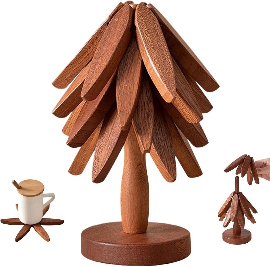 Natural Tree Trivet Set - 4 Wooden Hot Pot Holders, Heat Resistant Countertop Protectors for Christmas & Thanksgiving, Auto Unfold Space-Saving Design