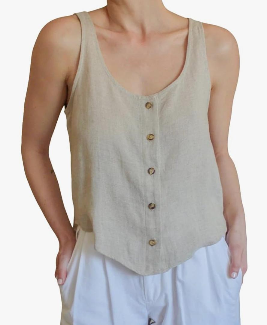 IDEALSANXUN Womens Scoop Neck Linen Tank Tops Button Down Sleeveless Shirts Vest Top XS