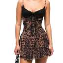 Women Sexy Leopard Lace Panel Mini Dress Spaghetti Straps Bow Tie Front Clubwear M