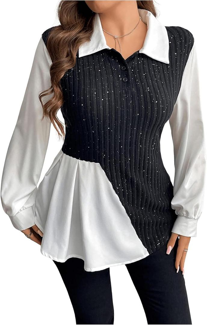 MakeMeChic Women's Plus Size Blouses Colorblock Collared Long Sleeve Peplum Casual Shirts Knit Sweater (Black, L)