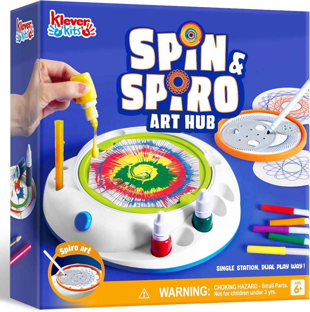 Klever Kits Spin Art for Kids, 2-in-1 Spin Spiro Machine Kit, Arts & Crafts Paint for Boys & Girls, Painting Spinner Toys Kits, DIY Birthday Gifts for Kids Age 6 and Up