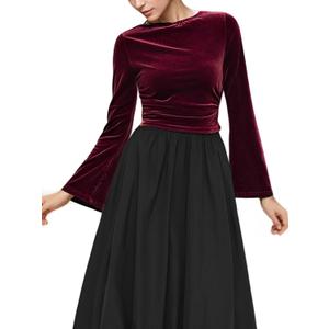 Long Sleeve Velvet Tops for Women, Ruched Crop Top Boat Neck Bell Sleeve Slim Fitted Shirt (Small, Winered)
