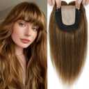 Hair Toppers for Women Real Human Hair, 360 3D Toppers Pieces for Women with Thinning Crown Wispy Bangs 16 Inch Upgrade Big Basement (Light Brown, 16 Inch Wispy Bangs)