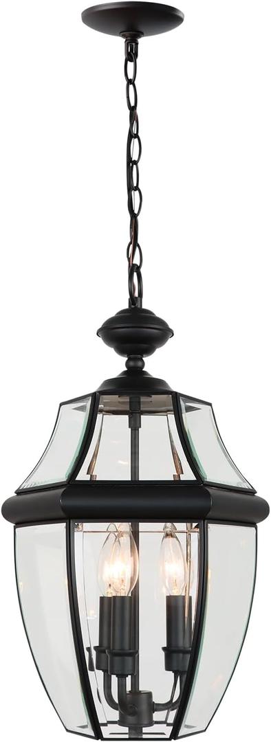 Large Outdoor Pendant Light Fixture 3-Light, 20in Modern Black Outdoor Chandelier Hanging Porch Light, Metal Exterior Ceiling Mount Hanging Lantern with Clear Glass for Front Door, Entrance, Gazebo