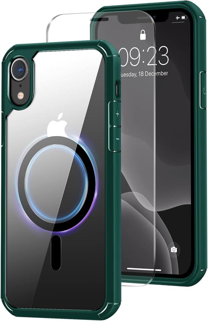 Amizee Magnetic Case Compatible with iPhone XR Case [Compatible with MagSafe] with Screen Protector Clear Back Shockproof Protective Phone Case (Green)