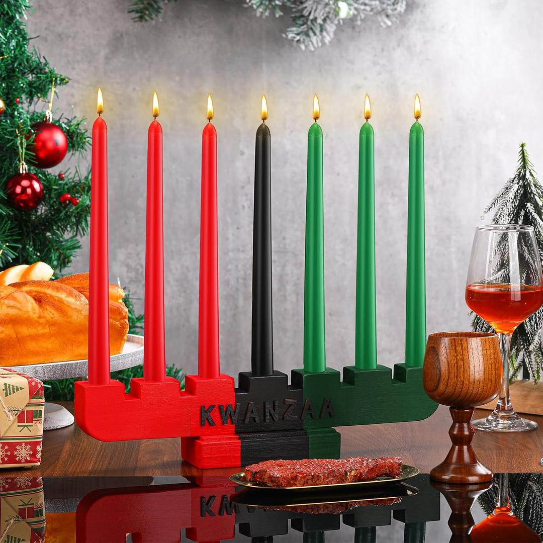 Sliner Kwanzaa Decorations Kwanzaa Candle Holder Kinara Set Driplesstaper 3 Red 3 Green 1 Black Wooden Wood Unity Cup African Holiday Mishumbaa Saba(Elegant Style)