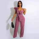 Kaimimei Womens Casual Jumpsuits Ruffle One Shoulder Wide Leg Belted Romper (Pink, XL)
