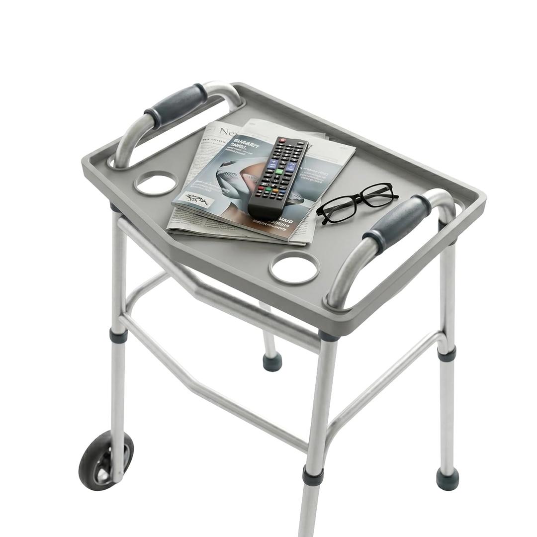 Walker Tray Table with 2 Cup Holders - Universal Trays for Standard Folding Walkers - Home Mobility Accessories by Bluestone (Gray)