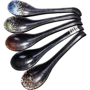 7 inch Long Handle Japanese and Korean Ramen Spoon Set of 5 Curved Handle Asian Chinese Soup Spoons for Miso Pho Spoons