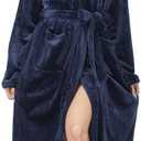 RONGTAI Womens Robes Plush Fleece Hooded Bathrobe Thick Nightgown with Pockets Fluffy Sleepwear (Small, Navy Blue)