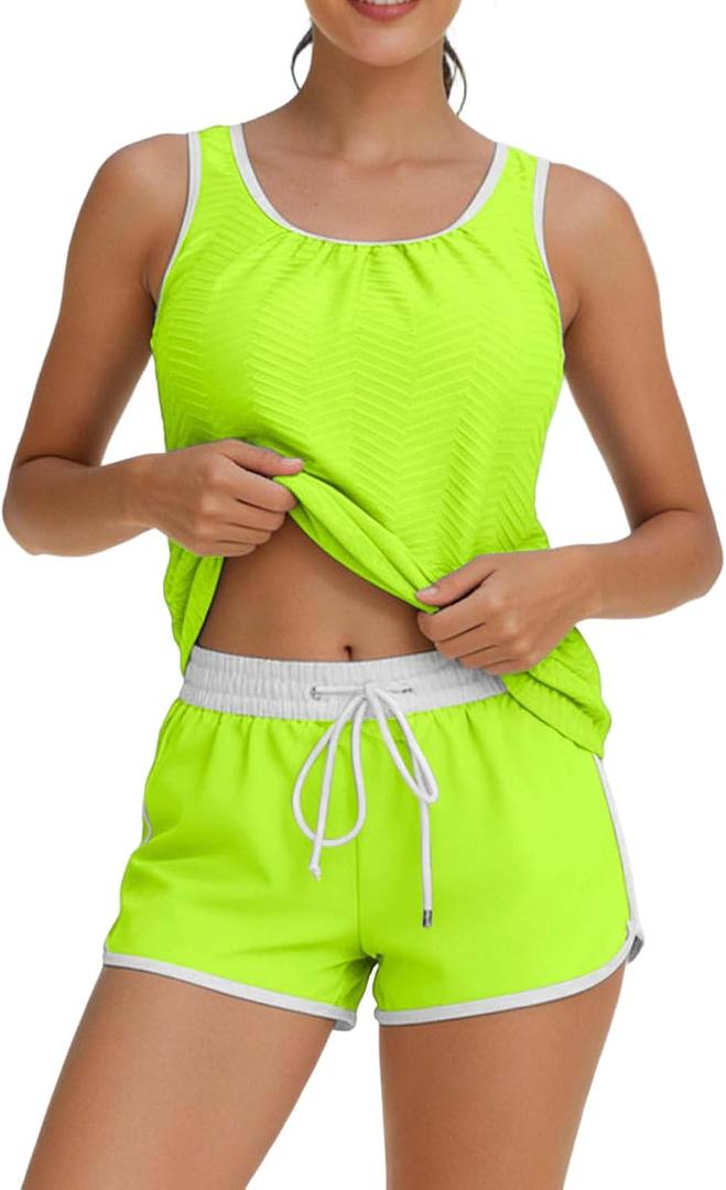 Tankini Swimsuit for Women 2 Piece Bathing Suits Modest Tummy Control Swimwear with Shorts Womens Swimsuits, Large
