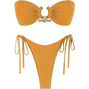 ZAFUL Metal Ring Bandeau Bikini Set Tie Side Bathing Suit High Cut 2 Piece Swimsuit Cutout Swimwear (Small, Shiny Gold Yellow)