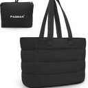 Tote Bag for Women, Lightweight Puffy Foldable Tote Bag With Zipper,Quilted Shoulder Bag for Travel,College,Work (15.6 Inch, Black)