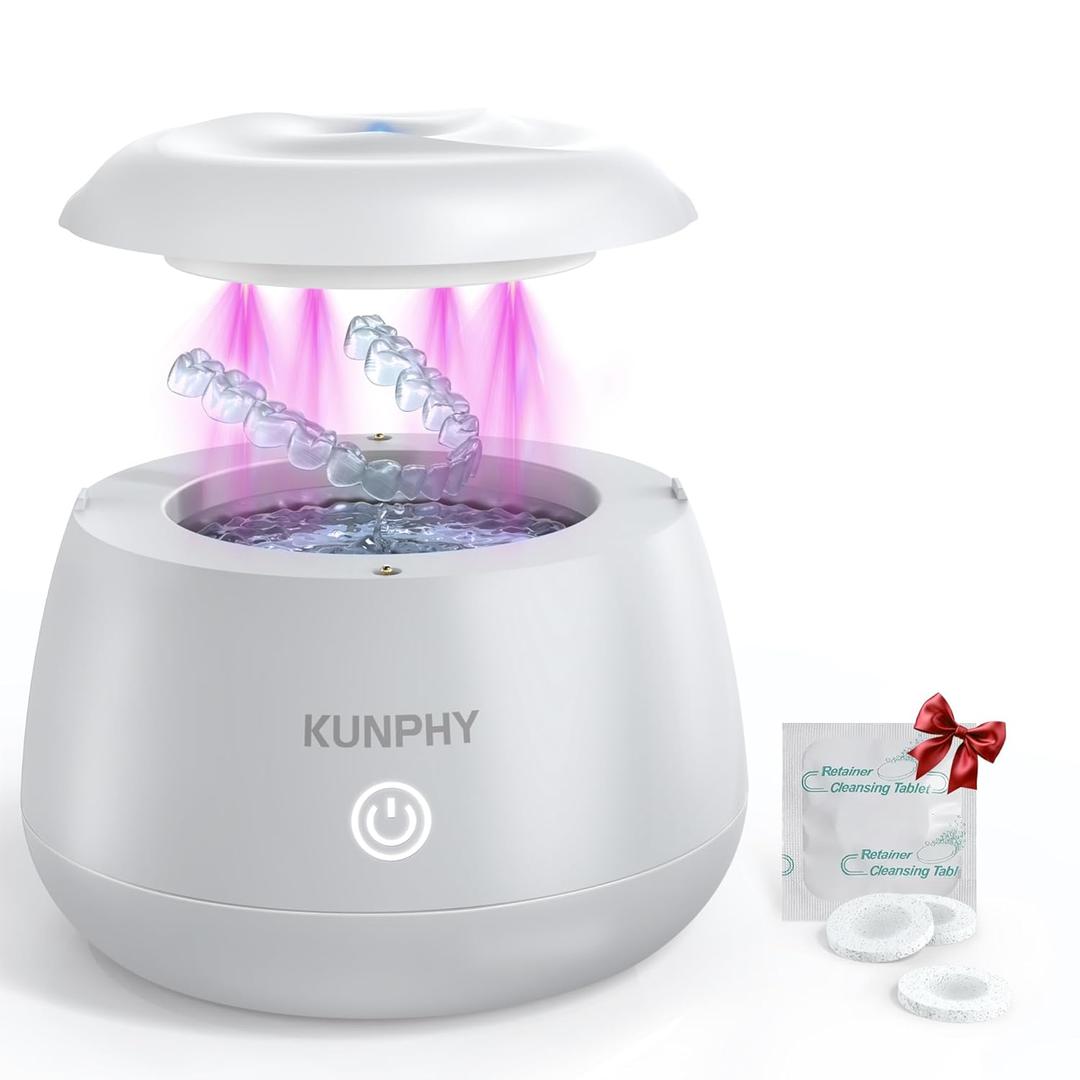 KUNPHY Ultrasonic Retainer Cleaner Machine, 48kHz Dental Cleaning Pod for Braces, Night Guard, Mouthguard, Toothbrush, Denture, Jewelry White (200ML)