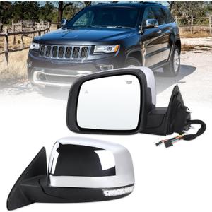 Lqito Left Driver Side Mirror Fits 2014-2021 Jeep Grand Cherokee 2022 Grand Cherokee WK With Manual Folding Power Glass Heated Turn Signal Mirror Memory Blind Spot Chrome Replace#68236933AB(13Pins)