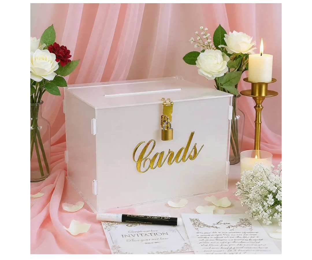 11" Frosted Wedding Card Box with Lock, Acrylic Gift Card Box for Wedding Decorations for Reception, Honeymoon Fund Money Box for Bridal Shower Decorations Party Reception Anniversary