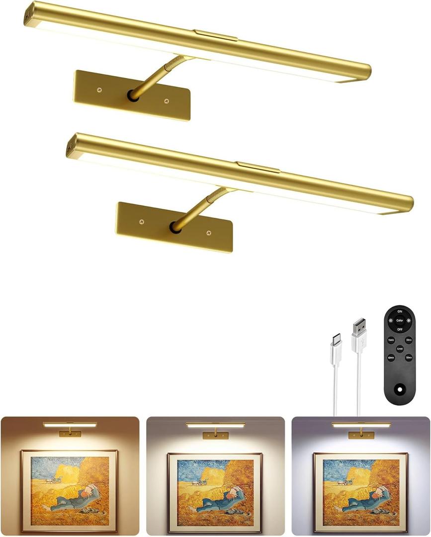 EZVALO Picture Light for Wall, 4800mAh Rechargeable Wireless Remote, Dimmable Magnetic LED Art Display Light with 3 Color Temperatures, for Gallery, Living Room, Bedroom, Hallway (Gold-2Pack)