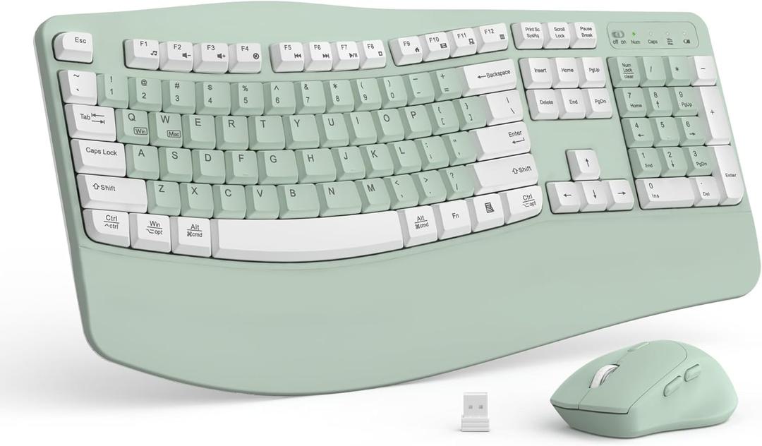 Wireless Keyboard and Mouse Combo,2.4G Full Size Wave Keys Ergonomic Keyboard with Wrist Rest for Natural Typing, 3 DPI Adjustable Ergonomic Mouse for Computer/Laptop/Windows/Mac (Avocado Green-A)